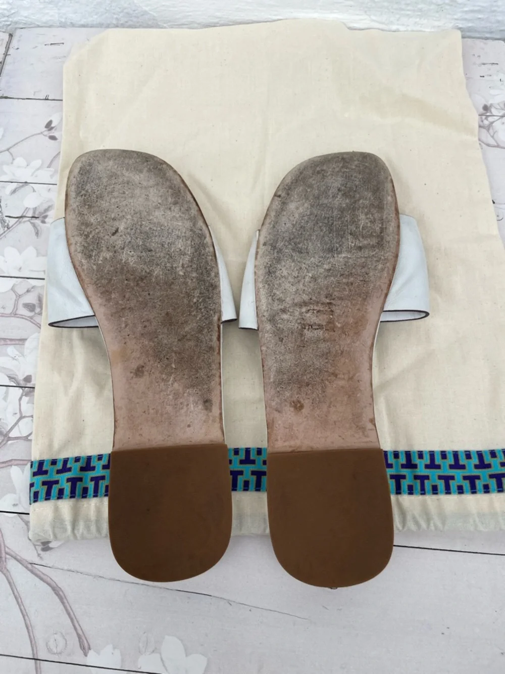 Tory Burch White Leather Logo Slide Sandals